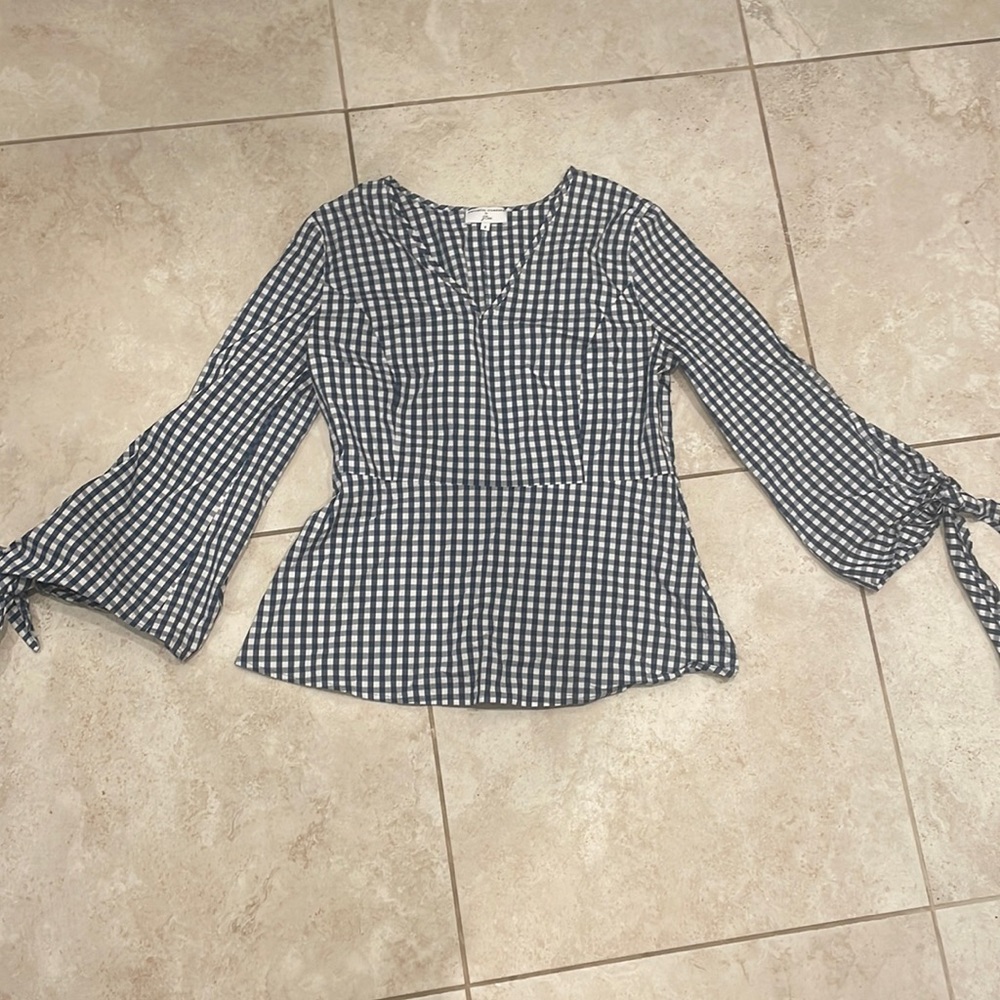 J. Crew Navy and White Gingham Tie-Sleeve Peplum Top